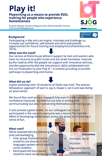 Play it! Playwriting as a method for ESOL. Pathways from Homelessness Conference 2022 Poster Presentation.